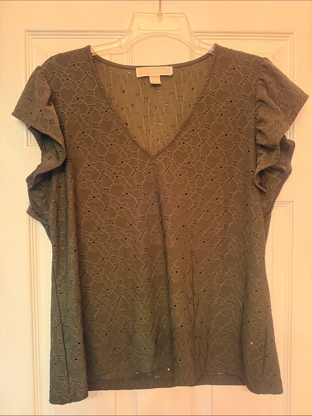 Michael Kors Olive Eyelet V-Neck Ruffle Sleeve Blouse